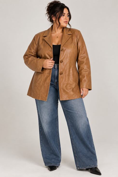Jackets & Blazers - Women’s 20W Genuine Leather Jacket Cognac Brown Plus Size Blazer Coat Y2K
